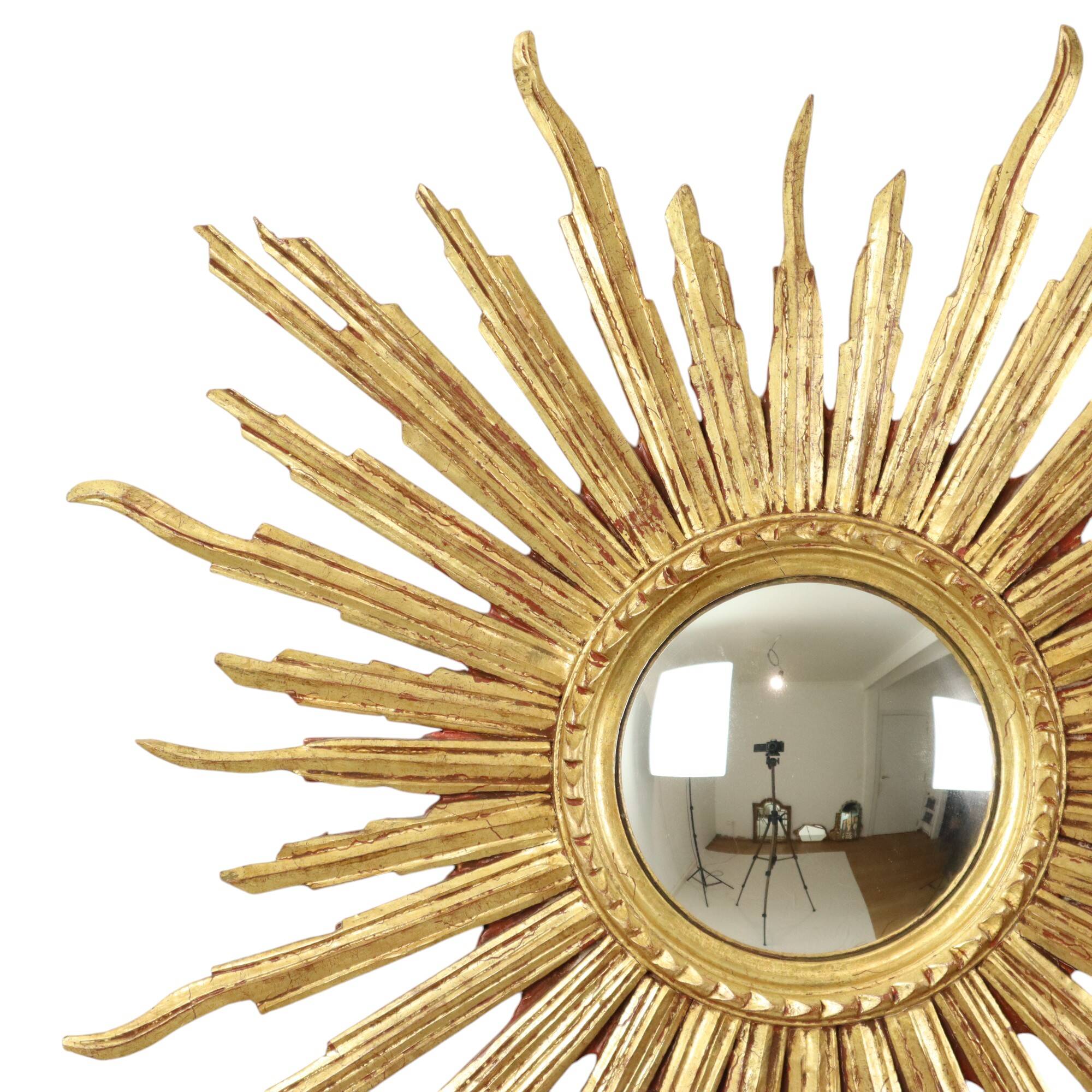 Large Gold Leaf Gilded Wooden Sun Mirror Sunburst Mirror 75cm