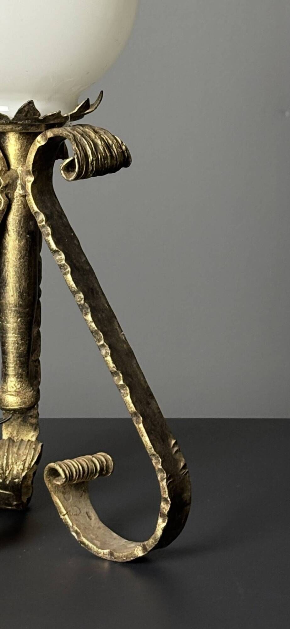 Midcentury brutalist wrought iron and opaline table lamp, Spain ca 1960s