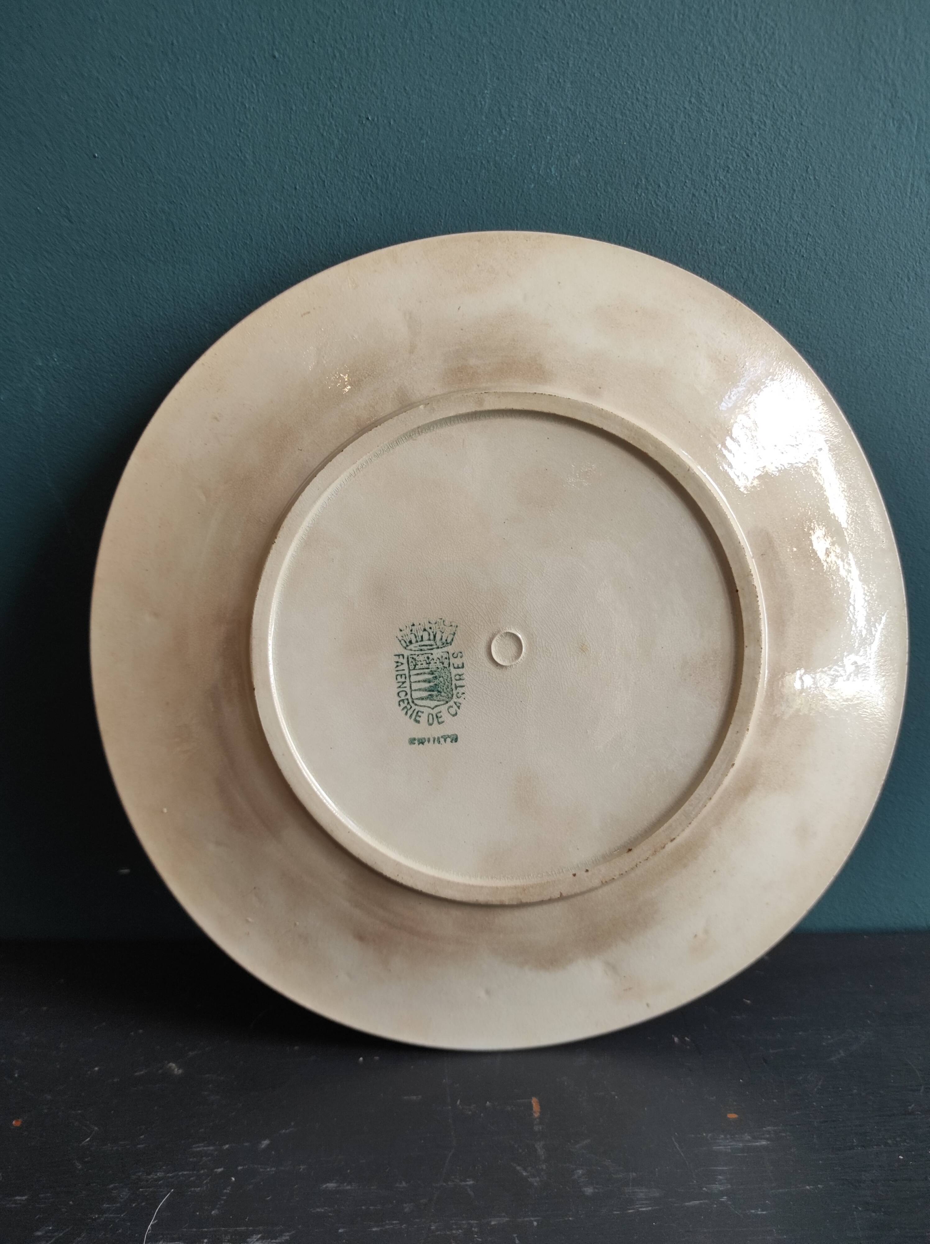 French antique barbotine plate decorated with stencil of grapes, faience de Castres
