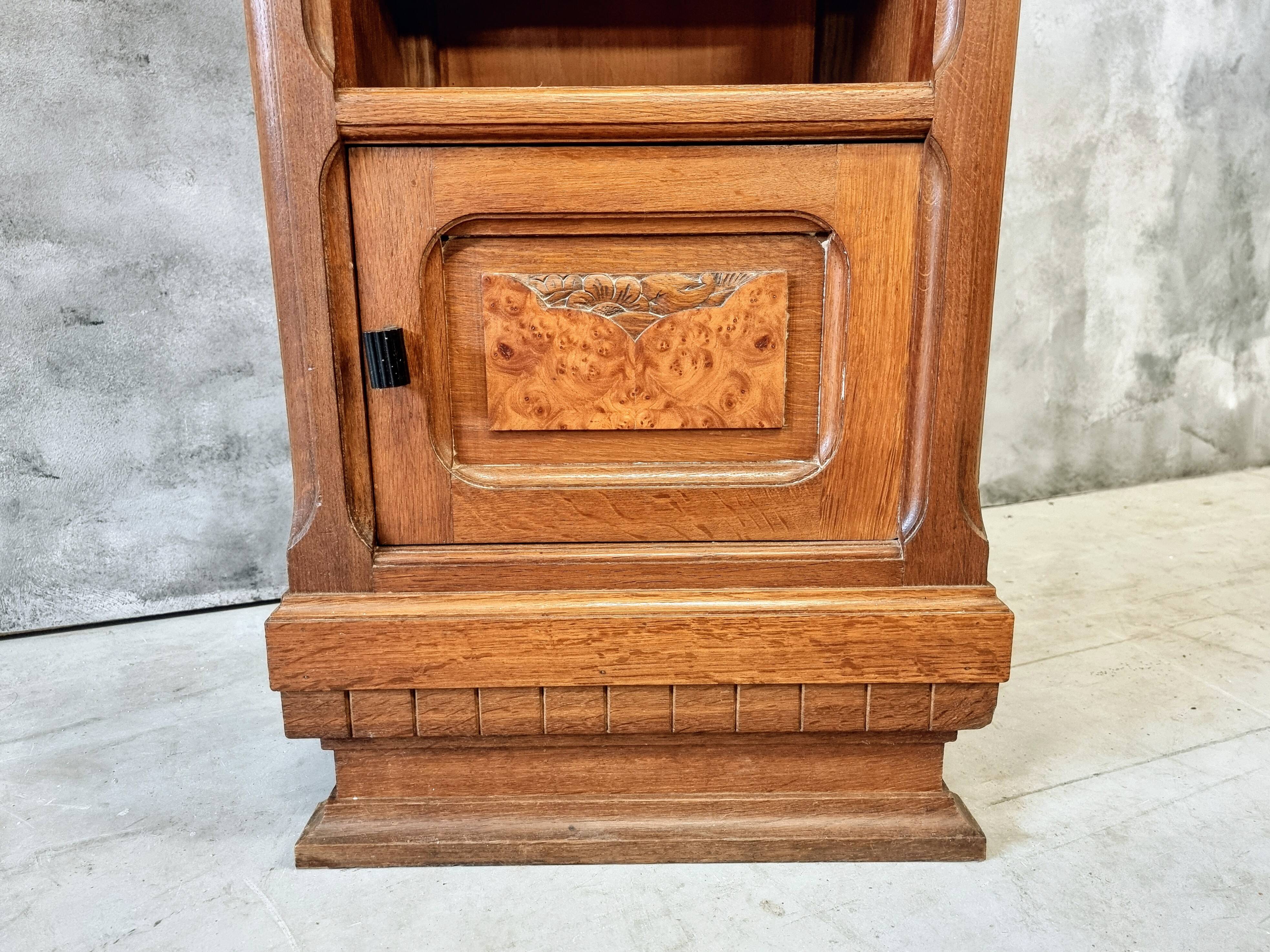 Antique Art Deco bedside table, oak entrance table with marble top
