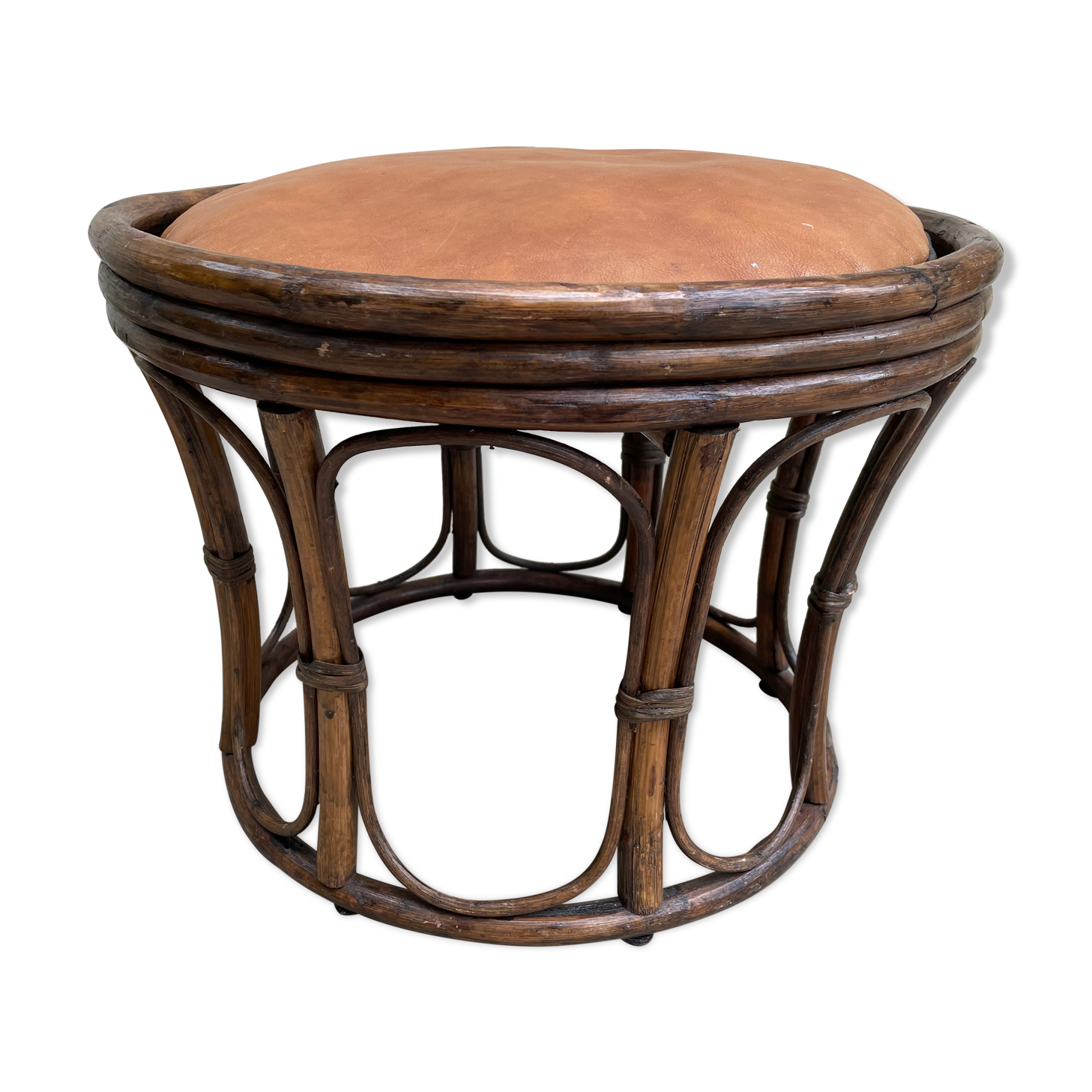 Pouf vintage rotin et cuir