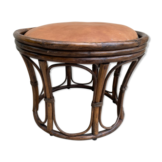 Vintage rattan and leather pouf