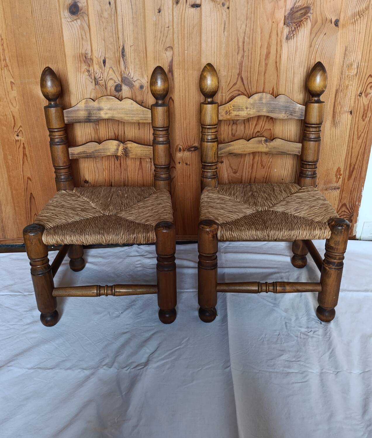 Pair of low bobbin turned wood chairs