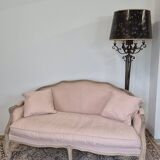 Louis XV style bench sofa in pink fabric and burlap