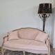 Louis XV style bench sofa in pink fabric and burlap