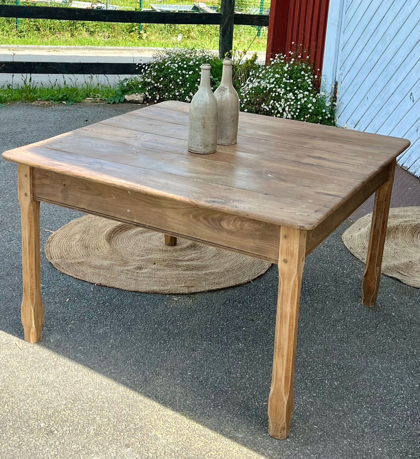 Large square antique farmhouse table in raw solid oak with 1 drawer.