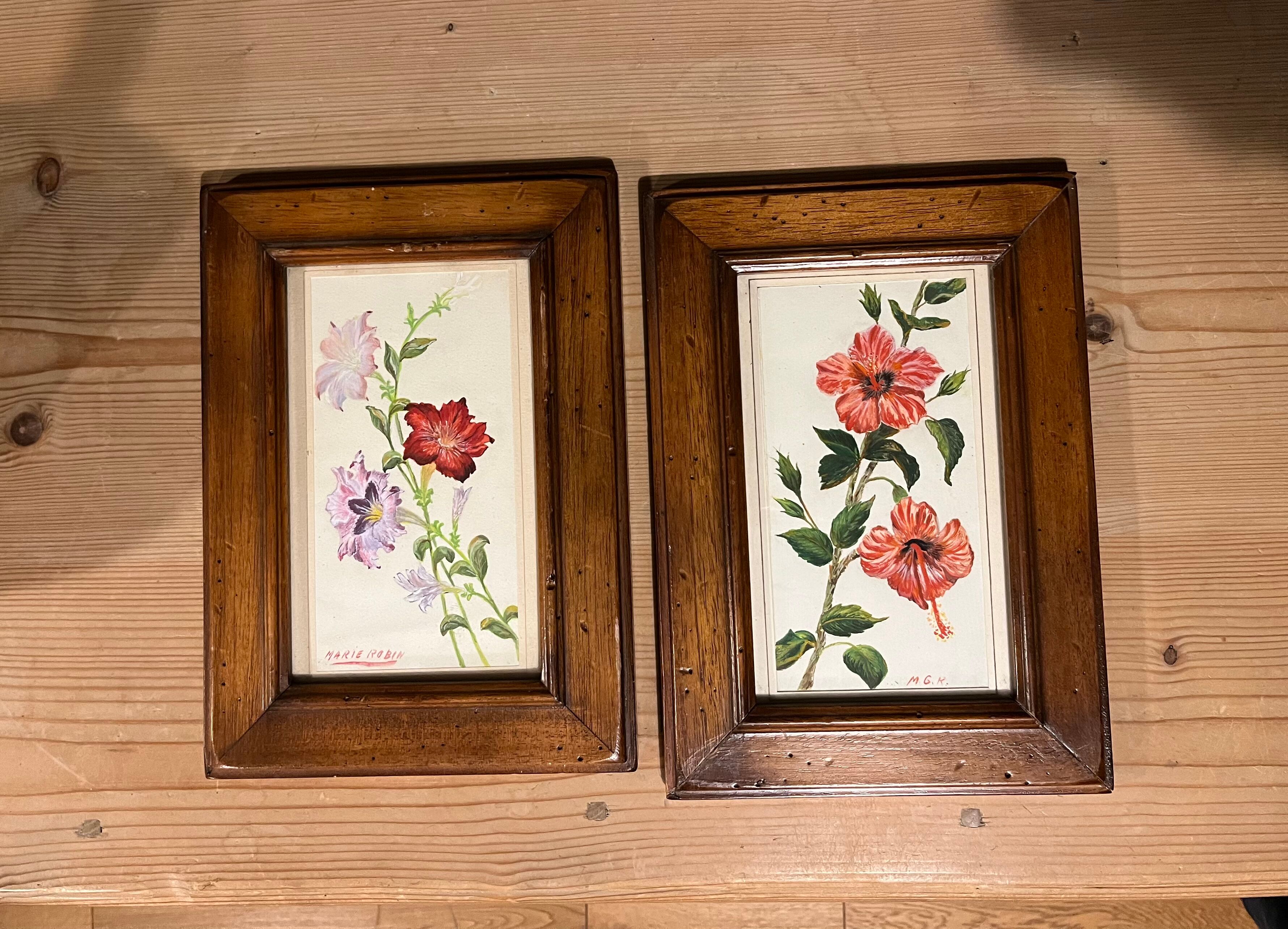 Duo de peintures motif floral signés