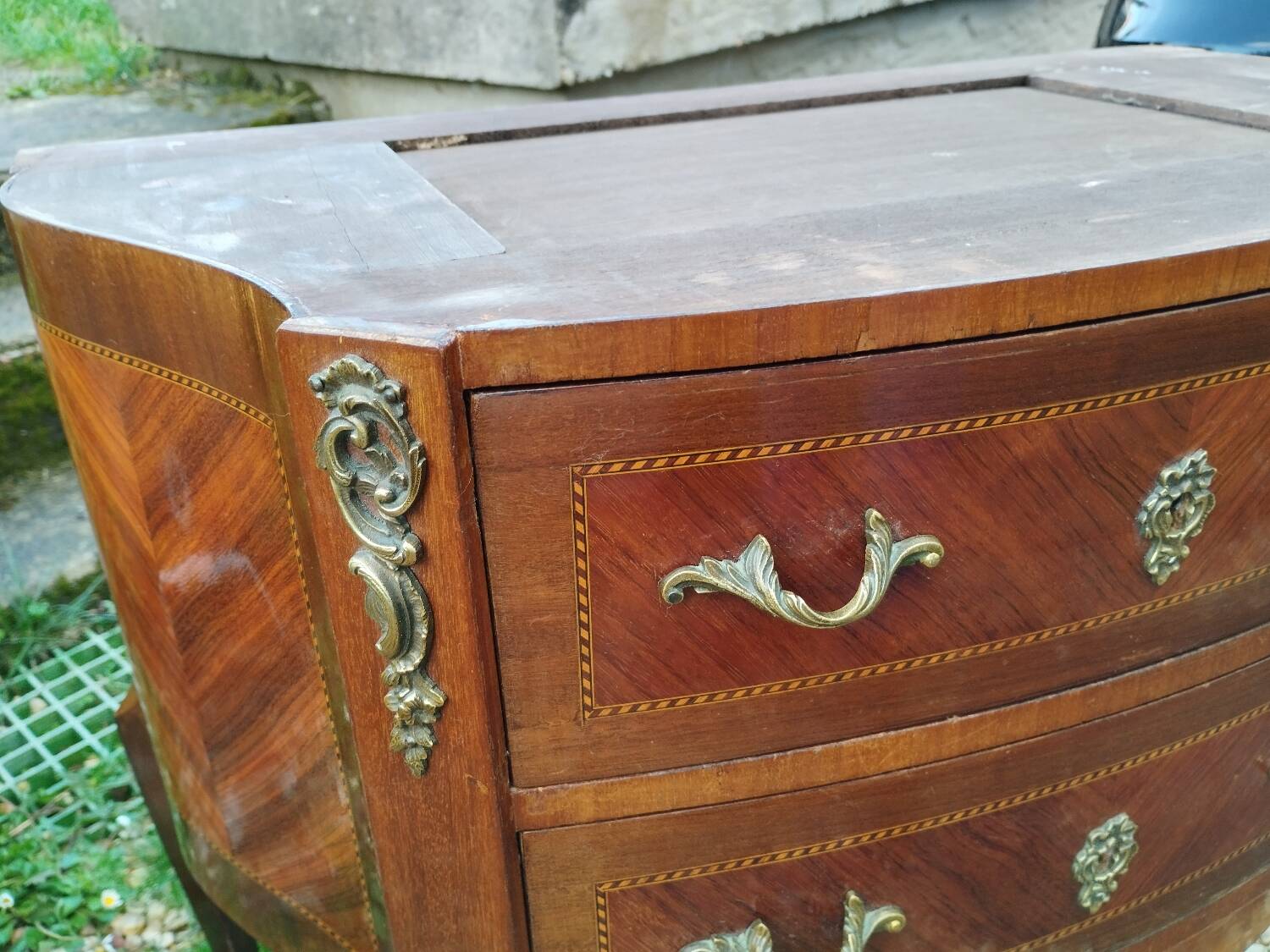 Commode ancienne marqueterie style louis xvi plateau marbre