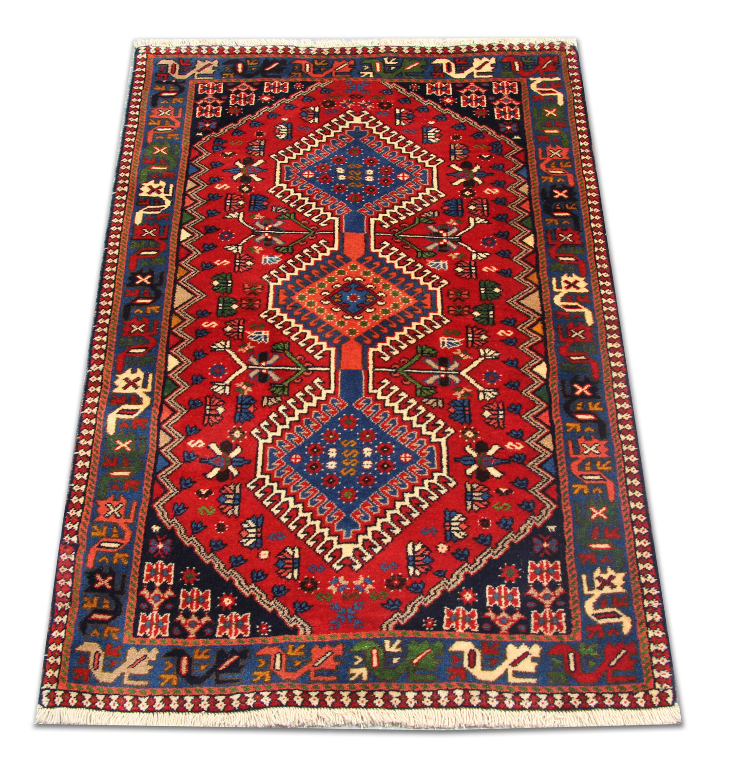 Traditional oriental wool carpet hand made red blue area rug- 83x127cm