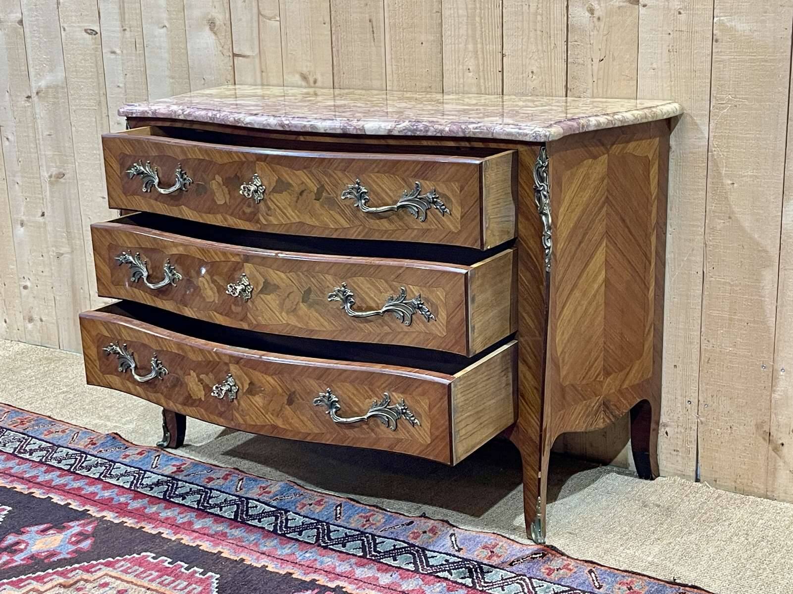 Louis XV style chest of drawers in rosewood, oak and marble top, made in the 70s