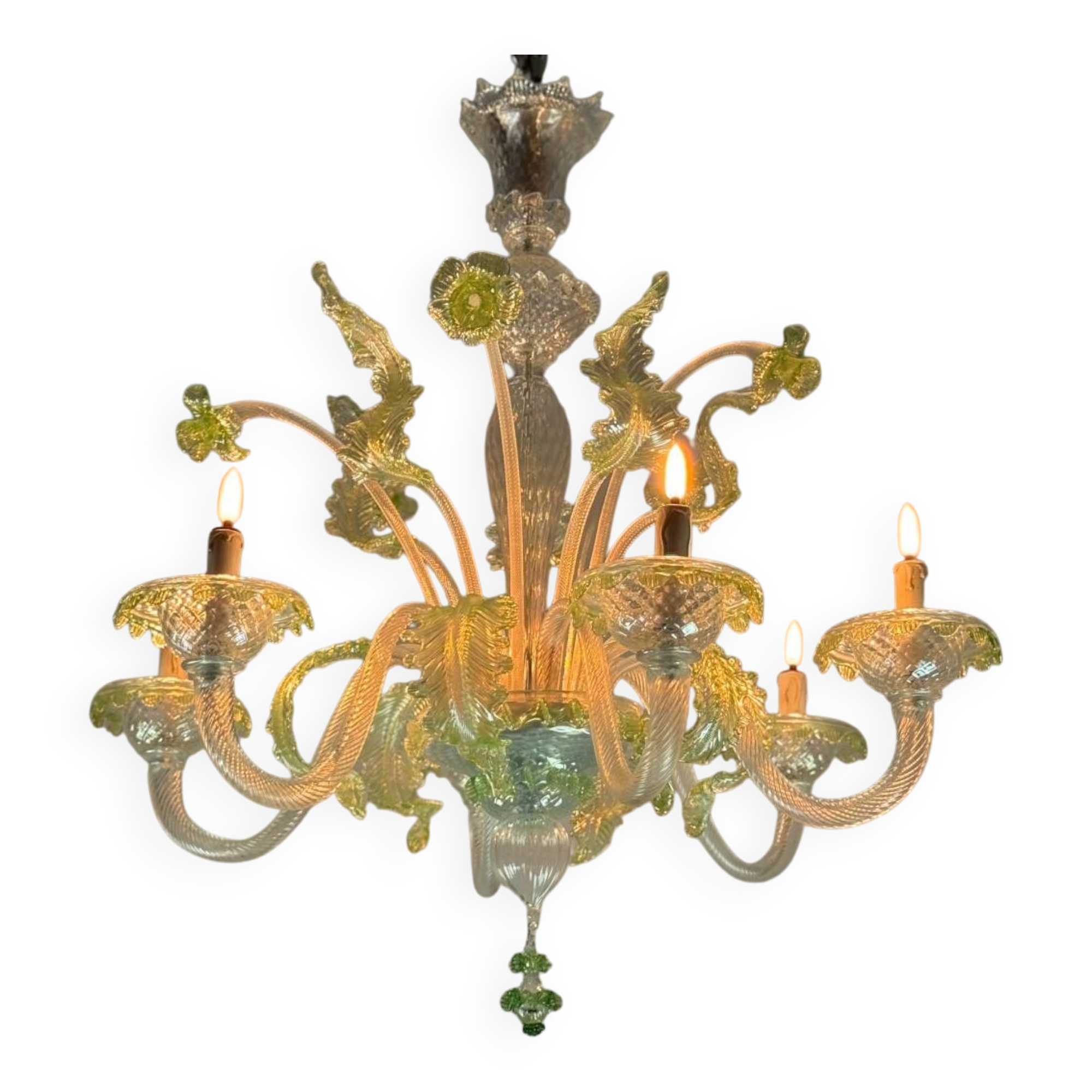 Venetian chandelier in colorless and green Murano glass, 6 light arms circa 1940