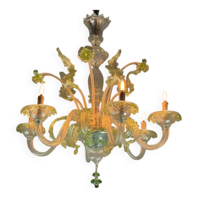 Lustre vénitien en verre de Murano incolore et vert, 6 bras de lumière vers 1940