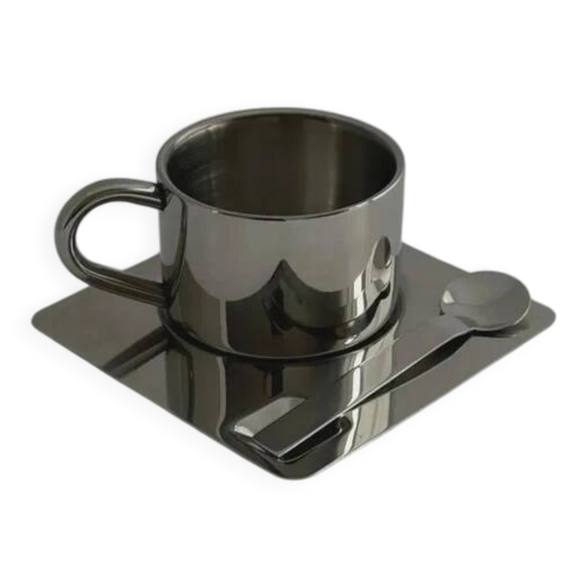 Stainless steel coffee cup set with saucer and spoon – Minimalist Nordic modern design