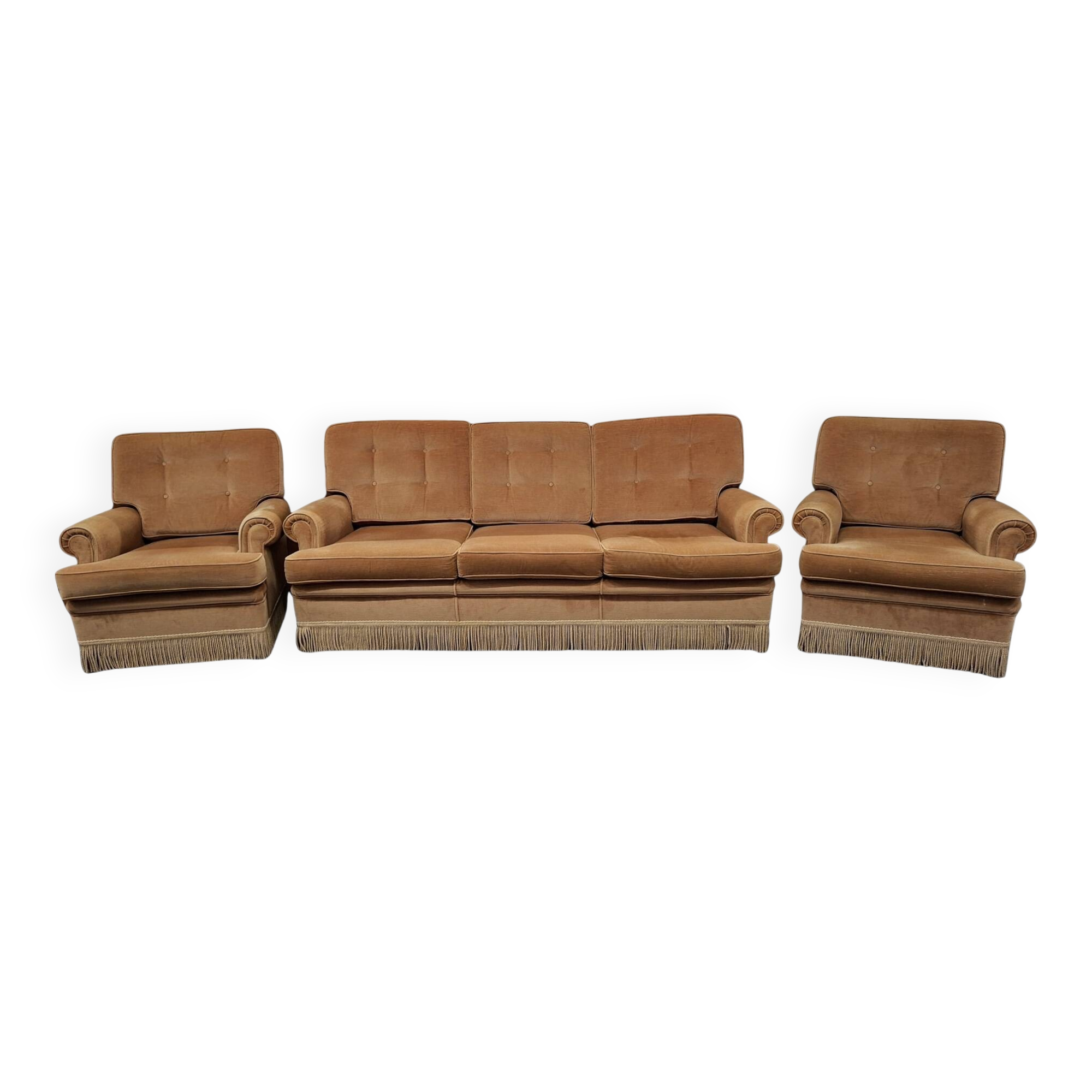 Set salotto in ciniglia degli anni ’70 con frangia decorativa