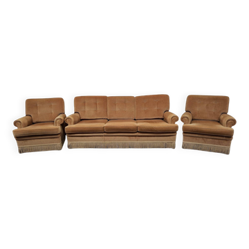 Set salotto in ciniglia degli anni ’70 con frangia decorativa