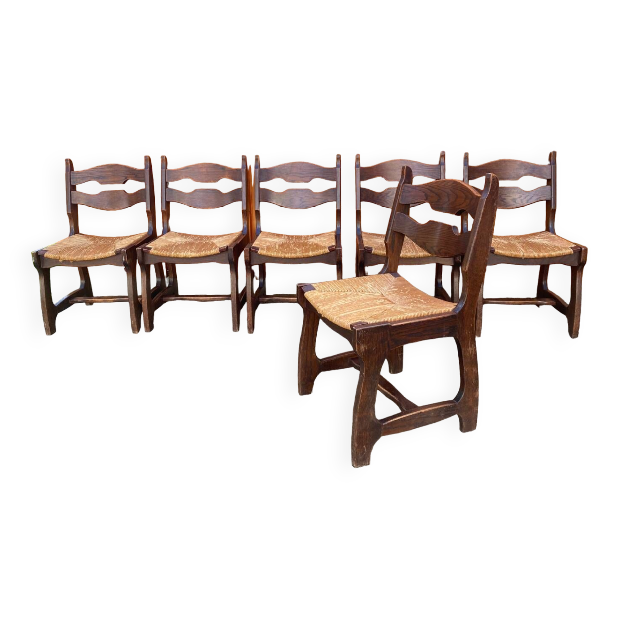 6 Guillerme and Chambron straw wood chairs