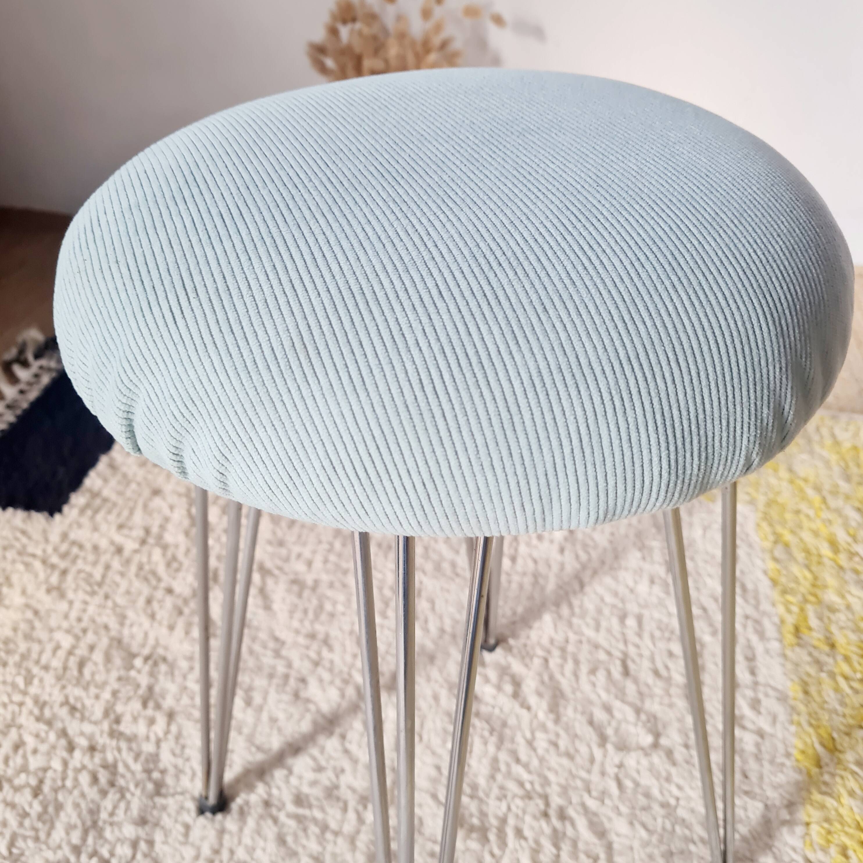 Vintage 1950s stool, metal tapered legs and velvet.