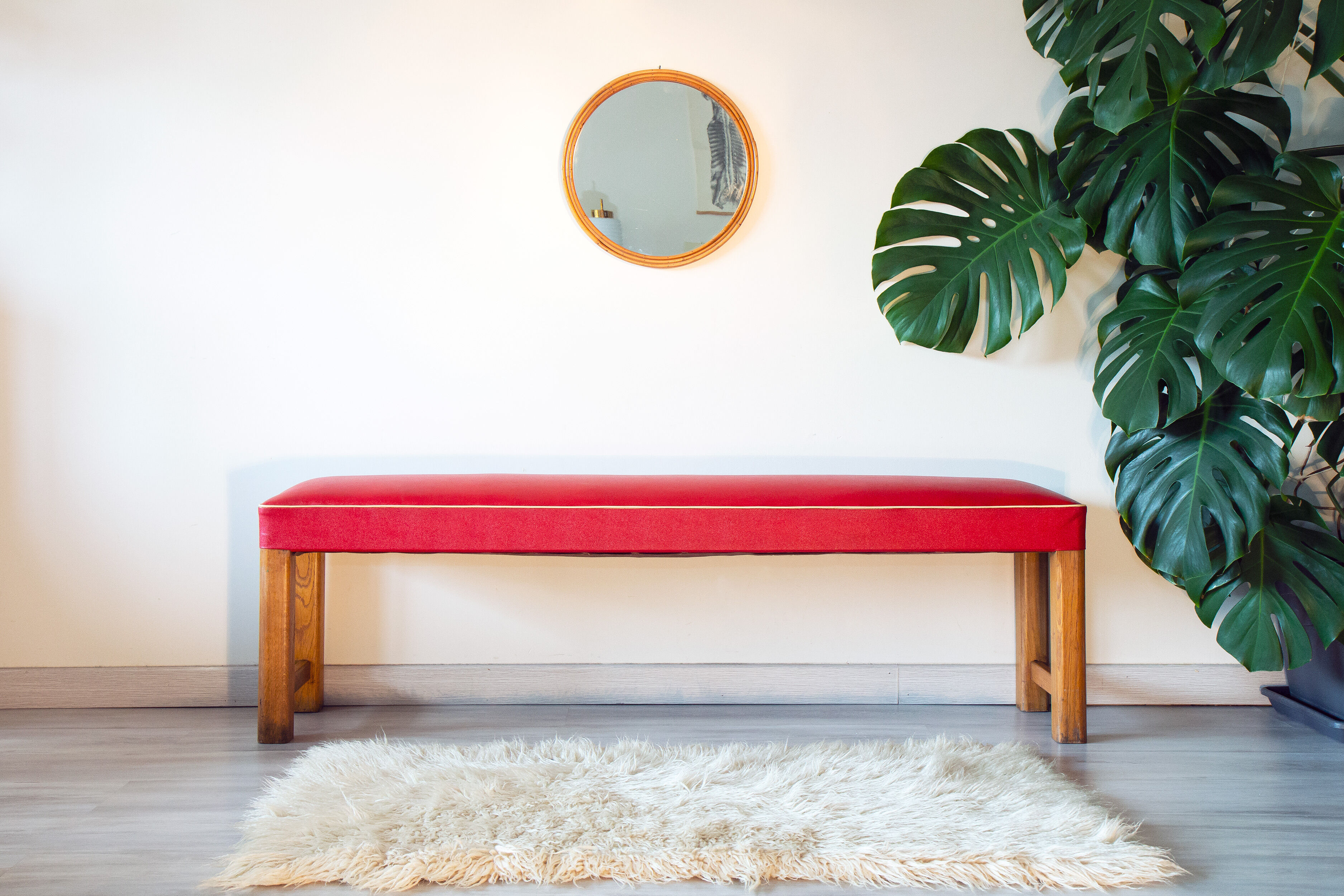 50s bench, wood and vinyl