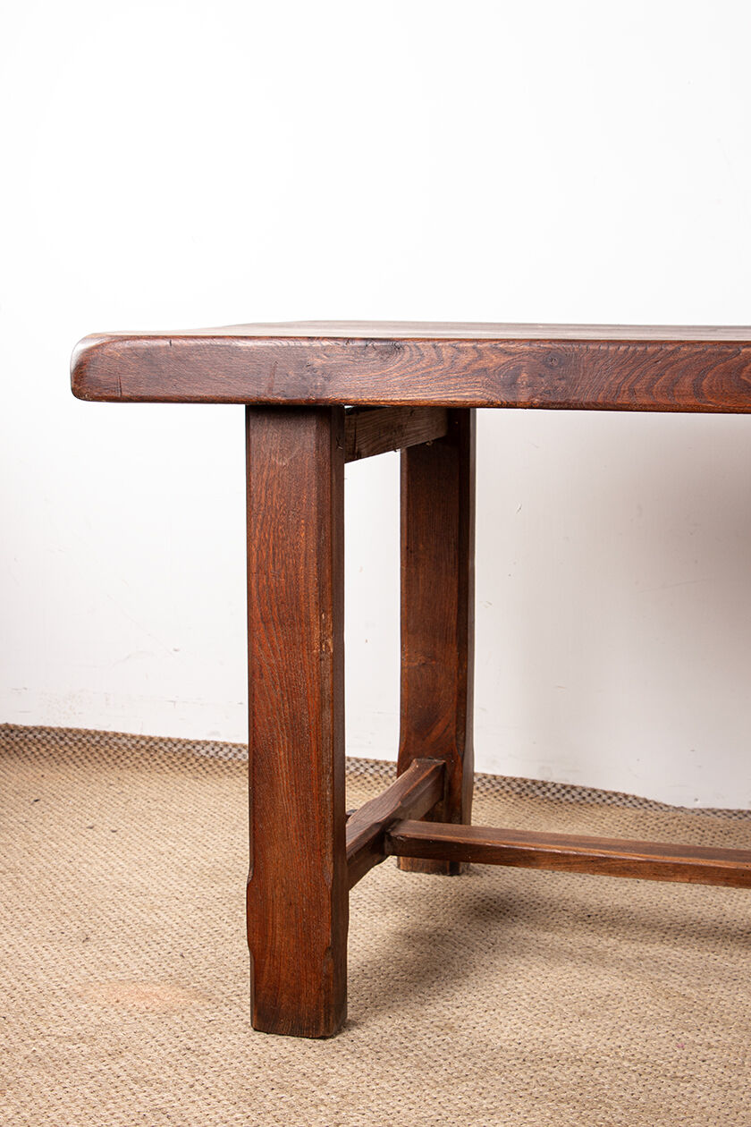 Large brutalist dining table in solid Elm, inspired by Olavi Hanninen, 1960.