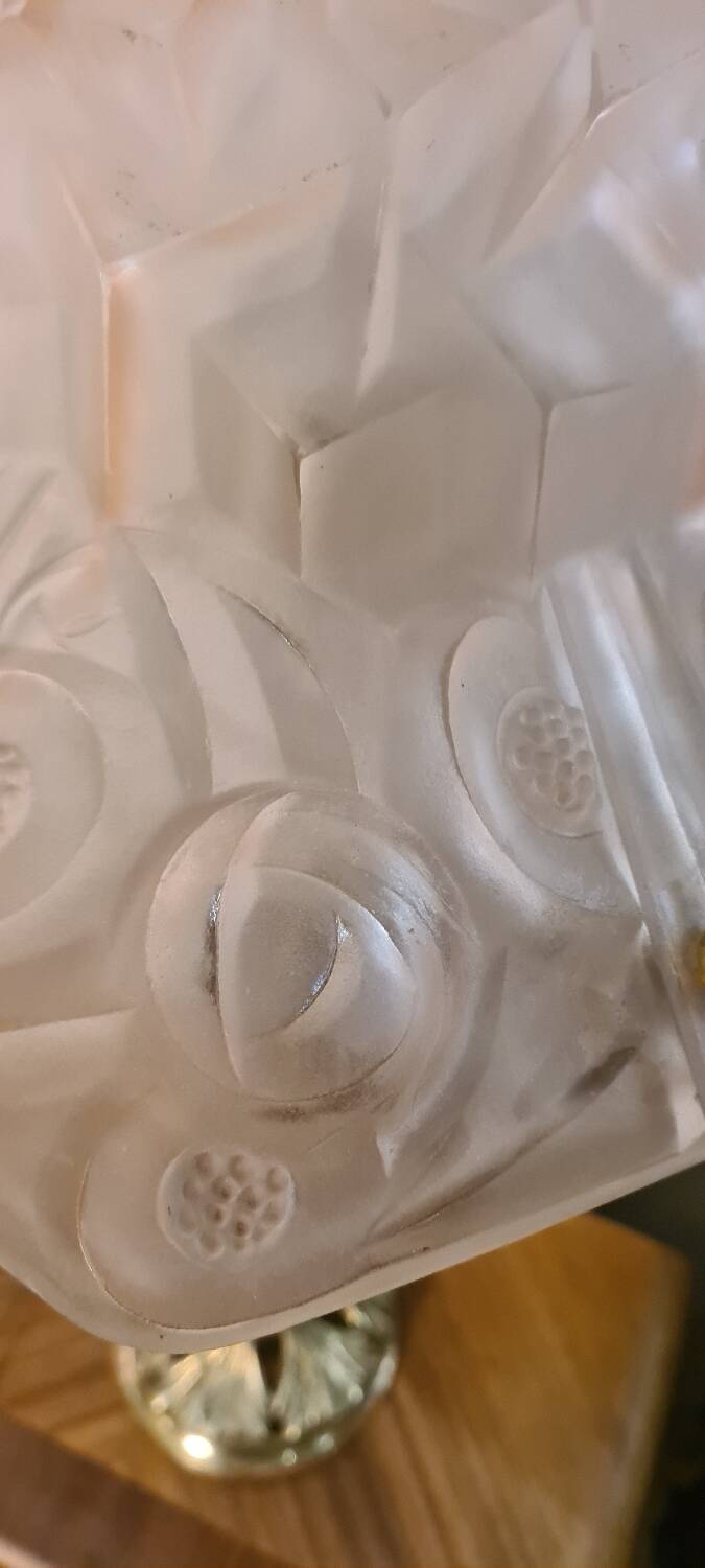 art nouveau bronze and brass lamp and lampshade signed opaque pink degue