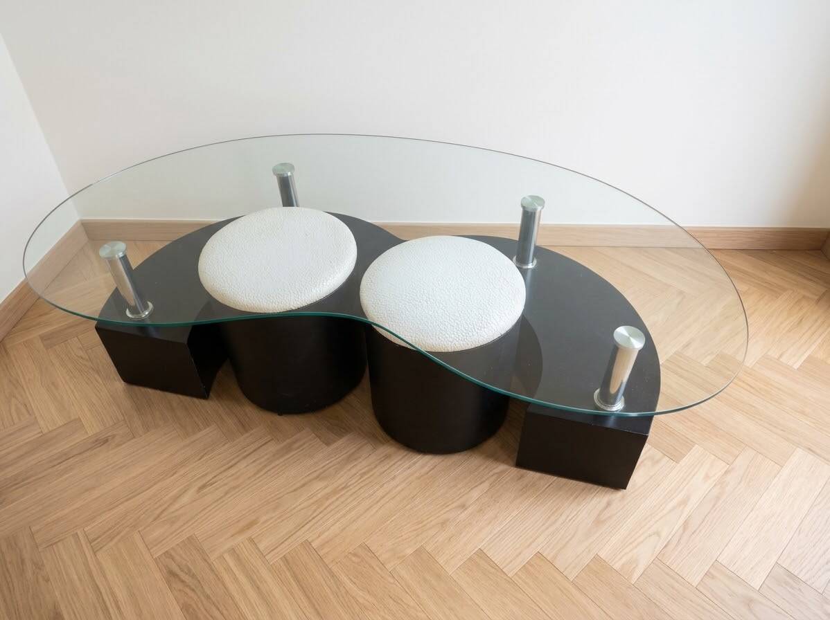 Vintage 1970s coffee table with 2 nesting poufs.