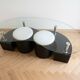 Vintage 1970s coffee table with 2 nesting poufs.