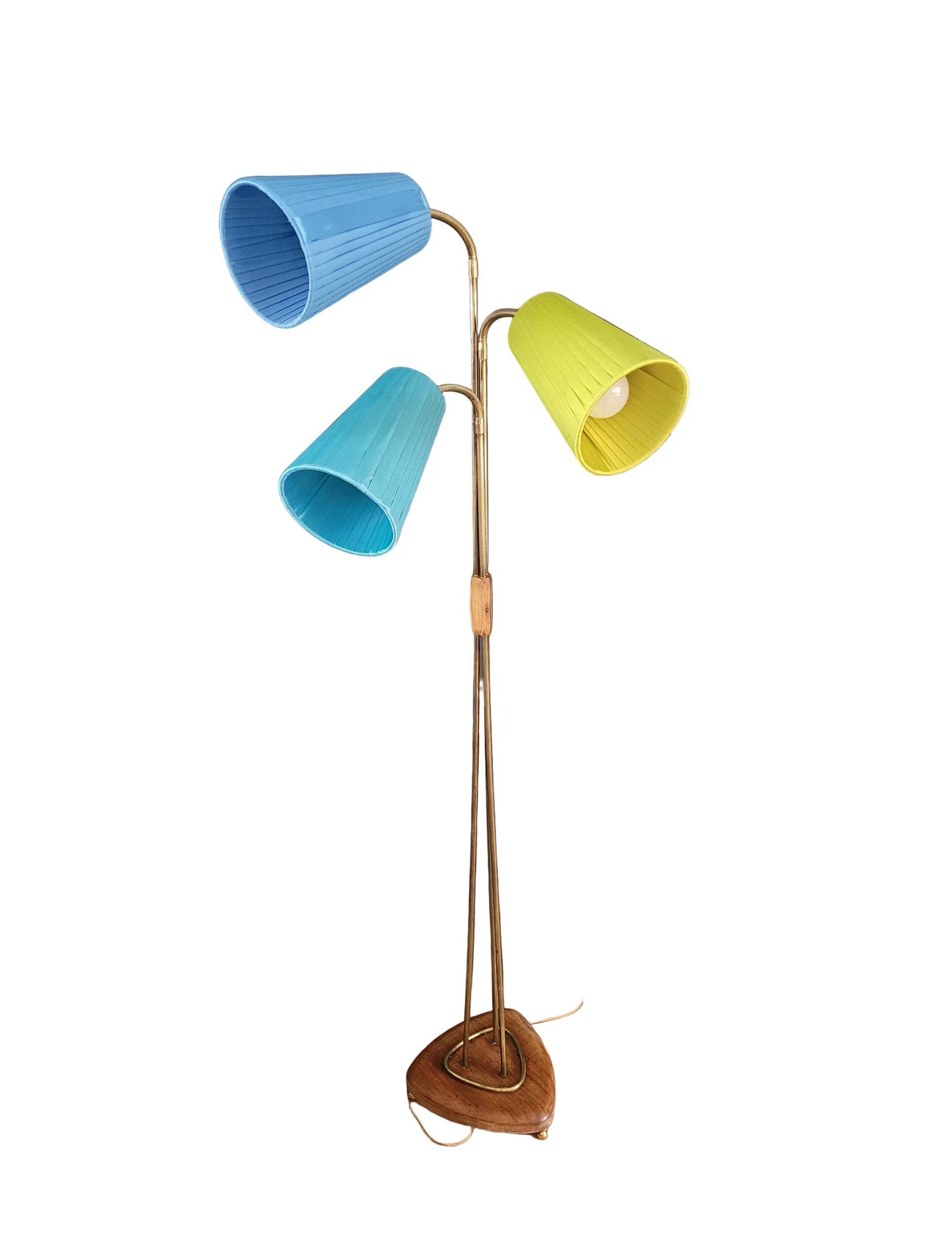 1950s three-light floor lamp with coloured shades