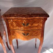 Pair of French rosewood bedside tables, marble top, inlaid beds.