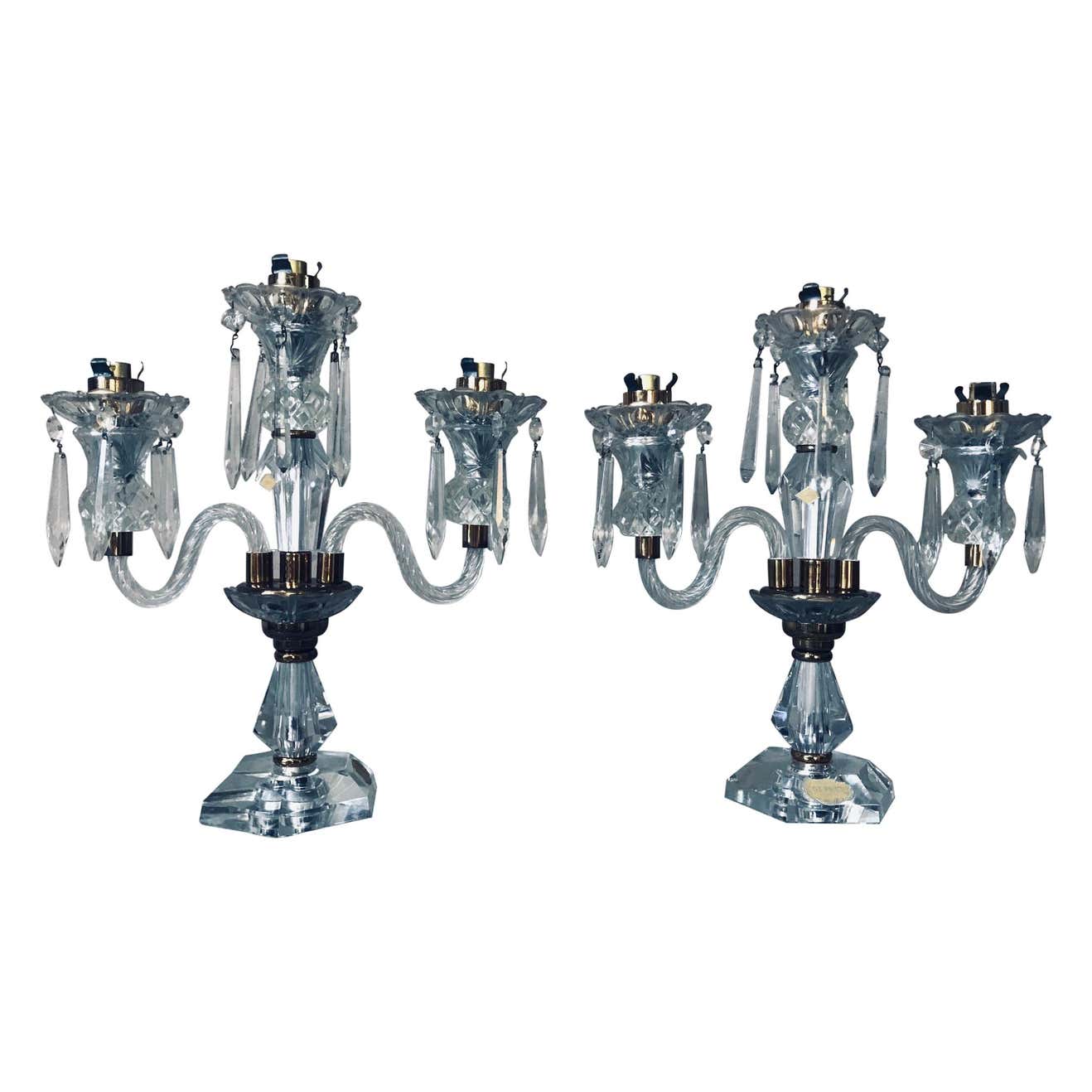 Pair of Sèvres candelabra in crystal and brass of the 20th century France 1950