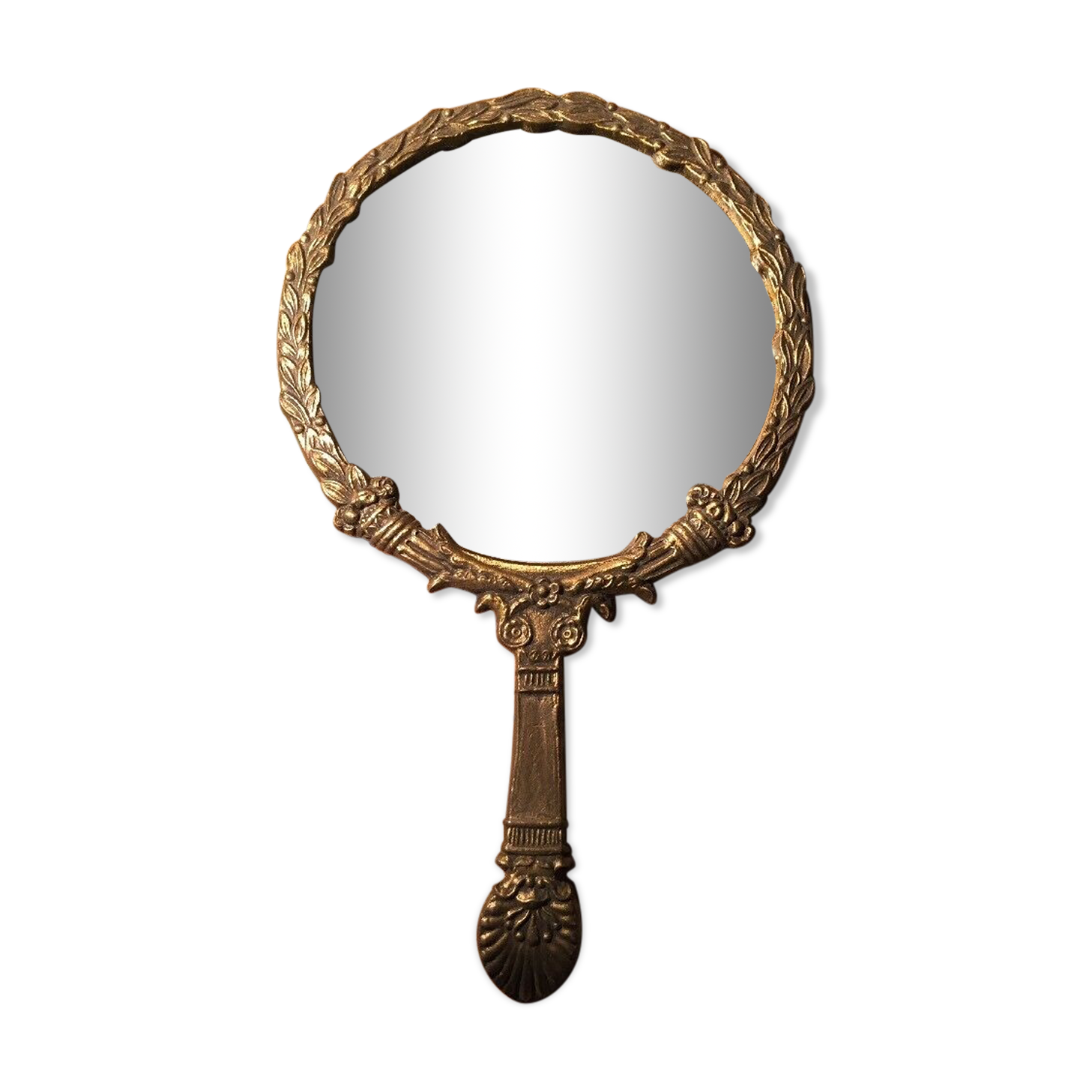 Antique mirror facing round hand in bronze 23cm