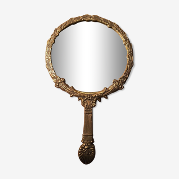 Miroir ancien face à main rond en bronze 23cm