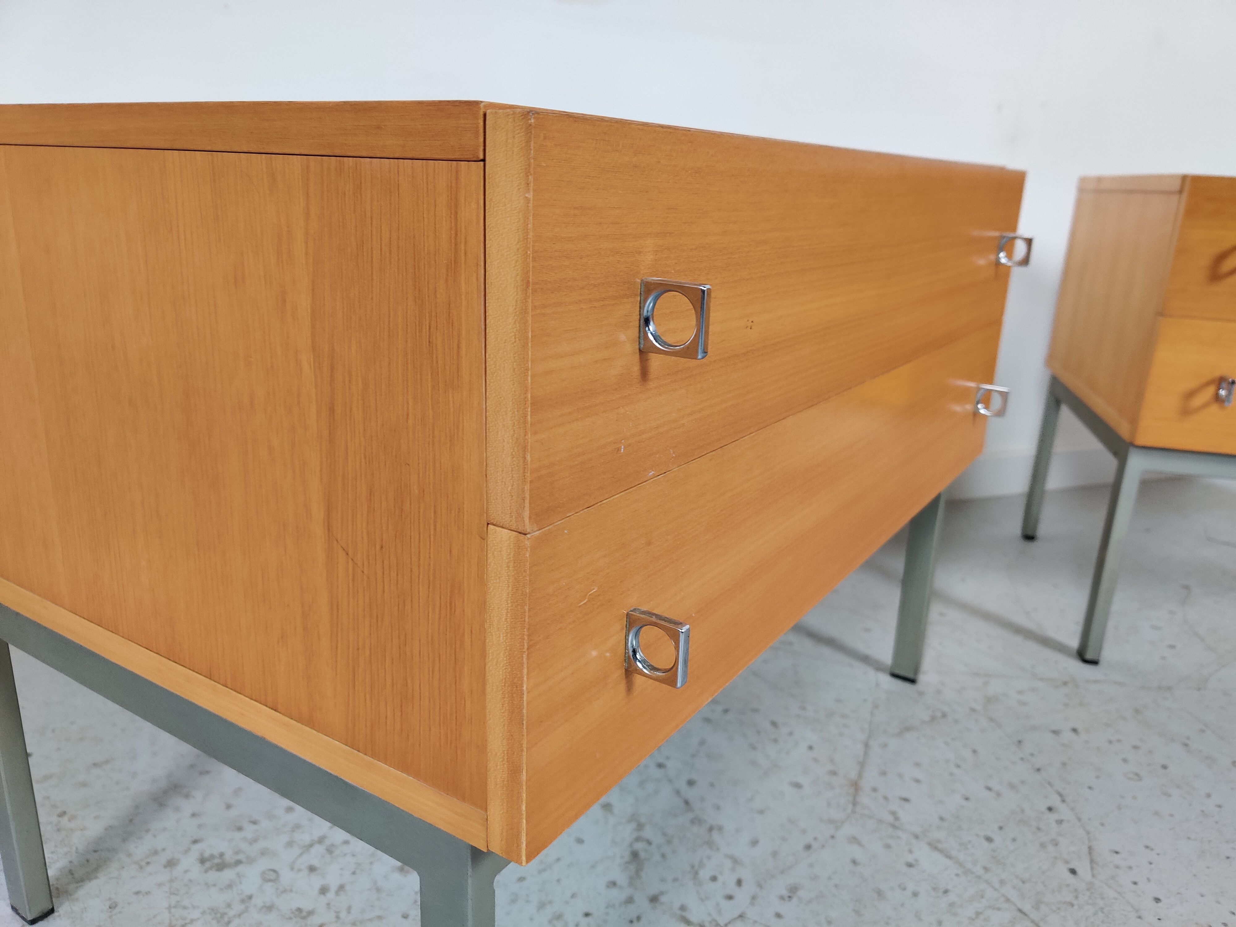 Pair of Scandinavian bedside tables, wood and metal 60s