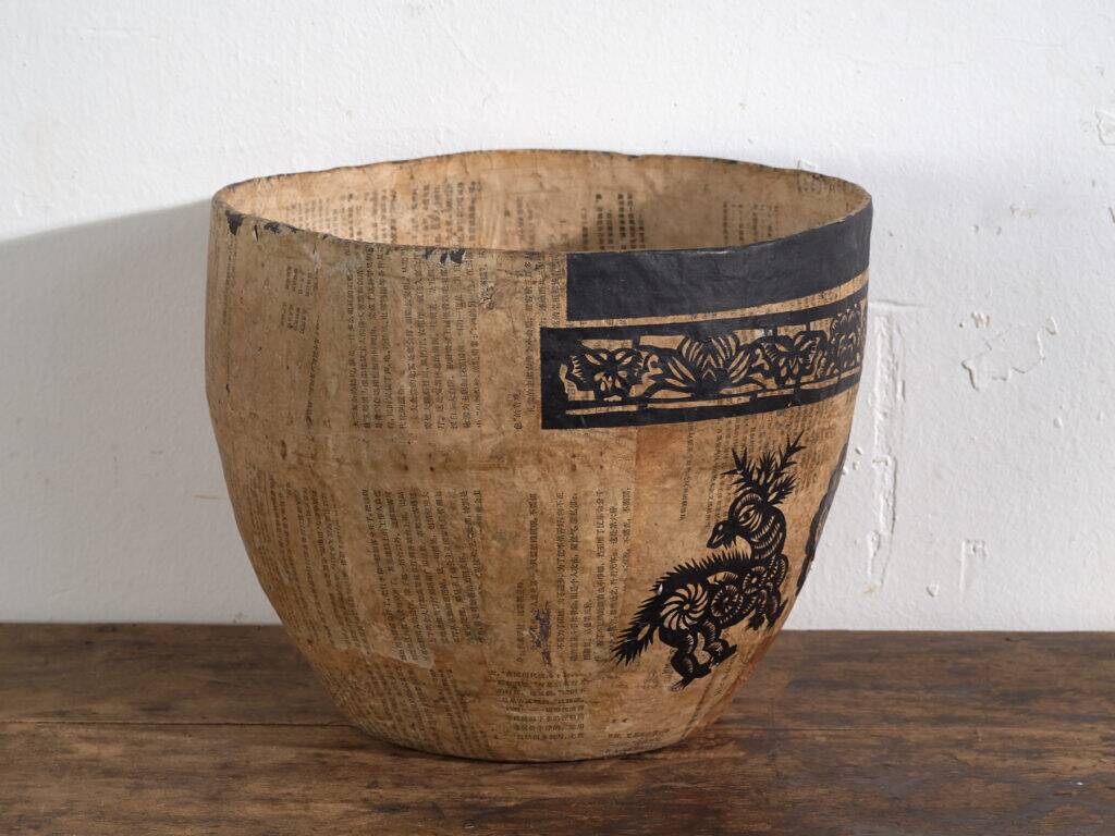 Antique Chinese papier-mâché basket with black papercuts – China, circa 1930