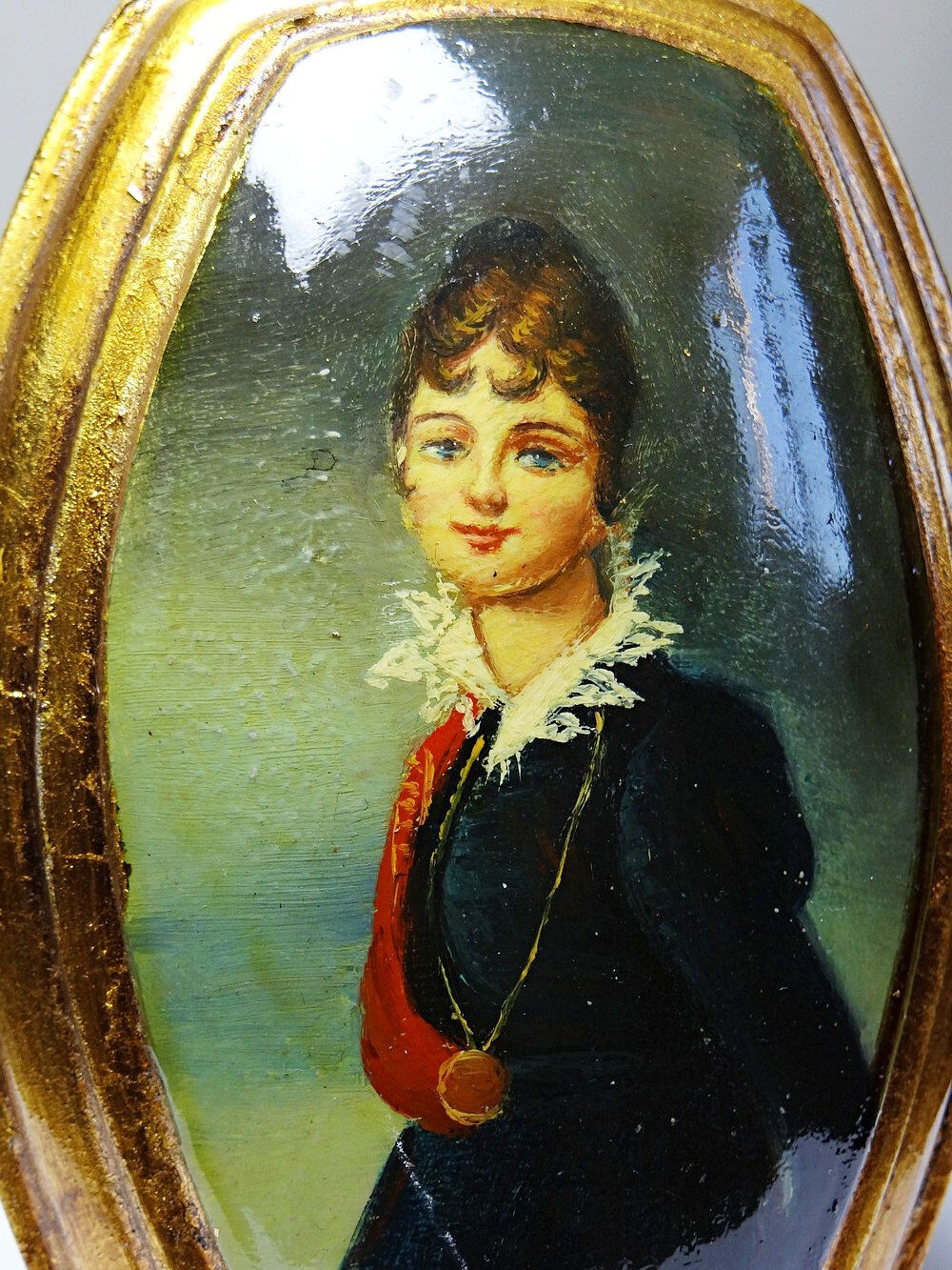 Small vintage Venetian oil on wood convex medallion portrait.