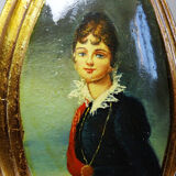 Small vintage Venetian oil on wood convex medallion portrait.