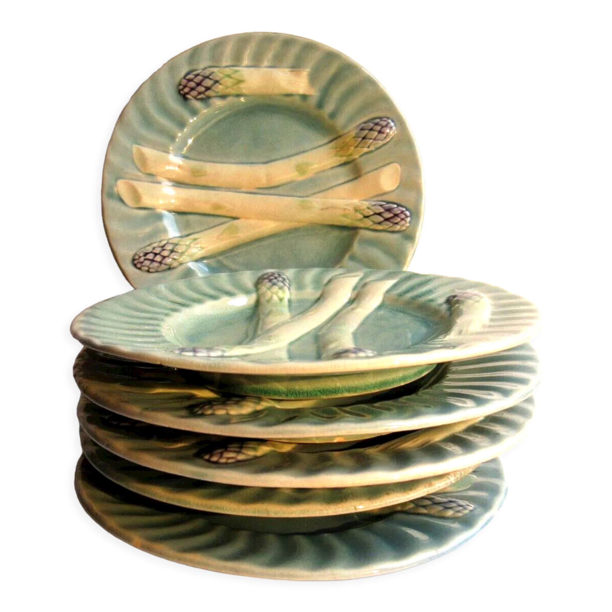 6 blue asparagus plates in slip from Lunéville KG Art Deco