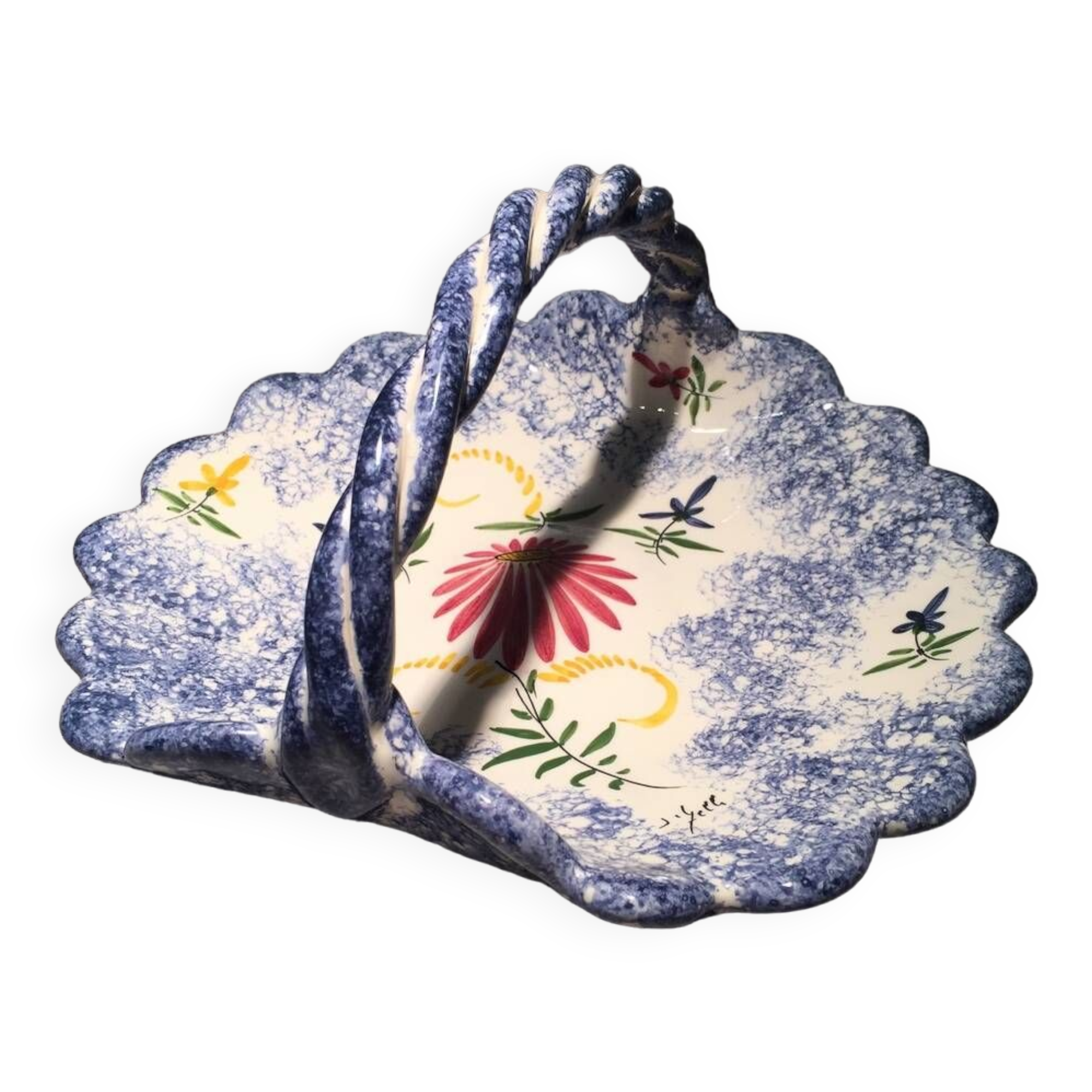 Breton earthenware basket with floral decoration empty pocket fruit cutter