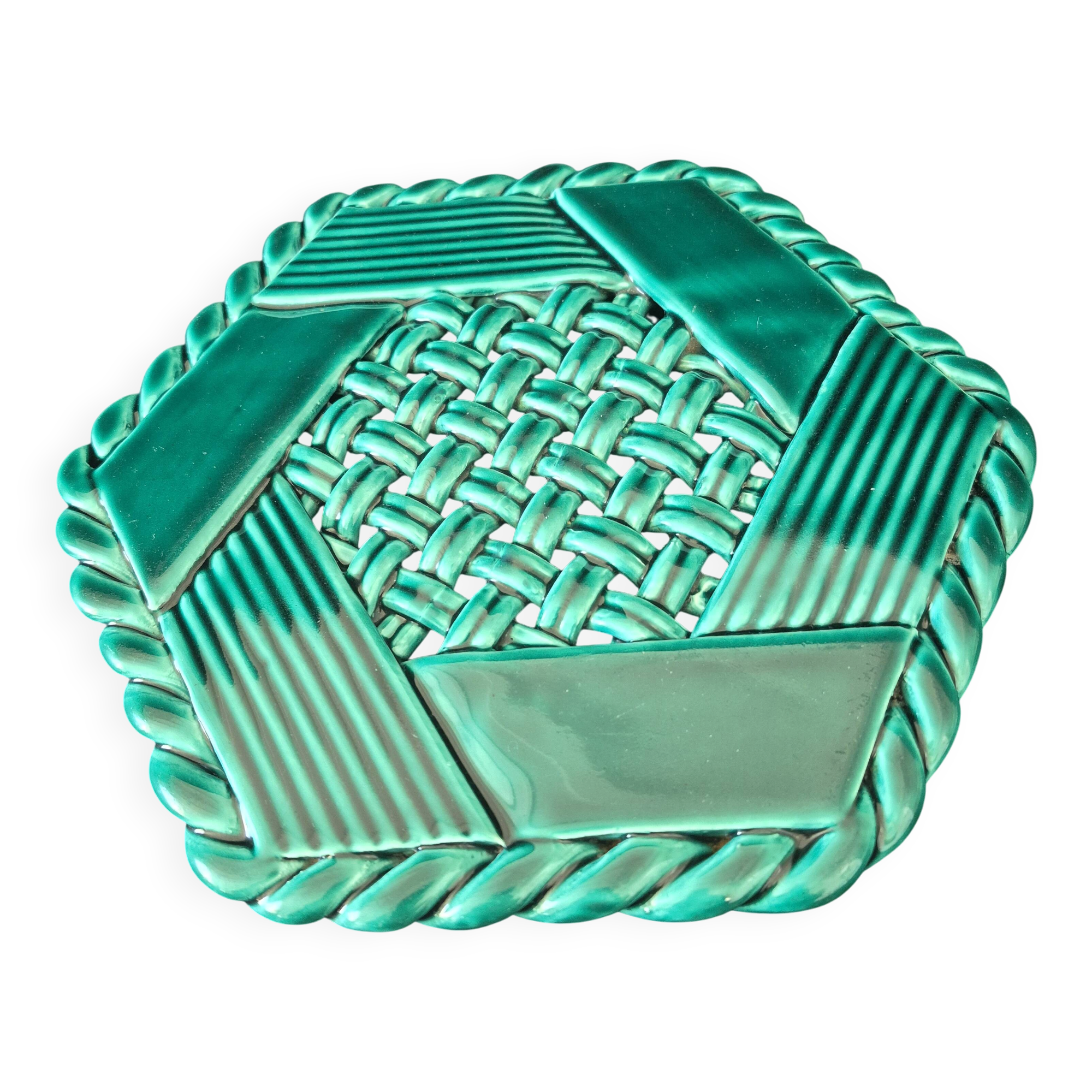 Varnished ceramic trivet from Vallauris and 2 bottle coasters.