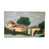 Peinture huile ancienne paysage naïf