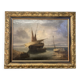 19th century oil on canvas, Low Tide, Framed Seascape