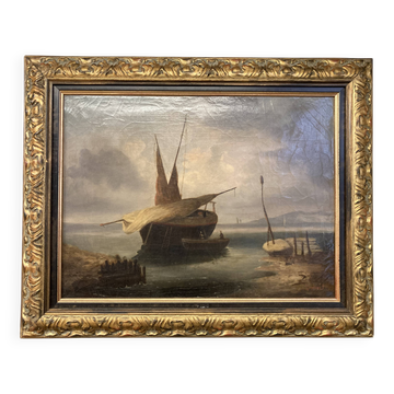 Huile sur toile XIXe siècle, La Marée Basse, Marine encadrée