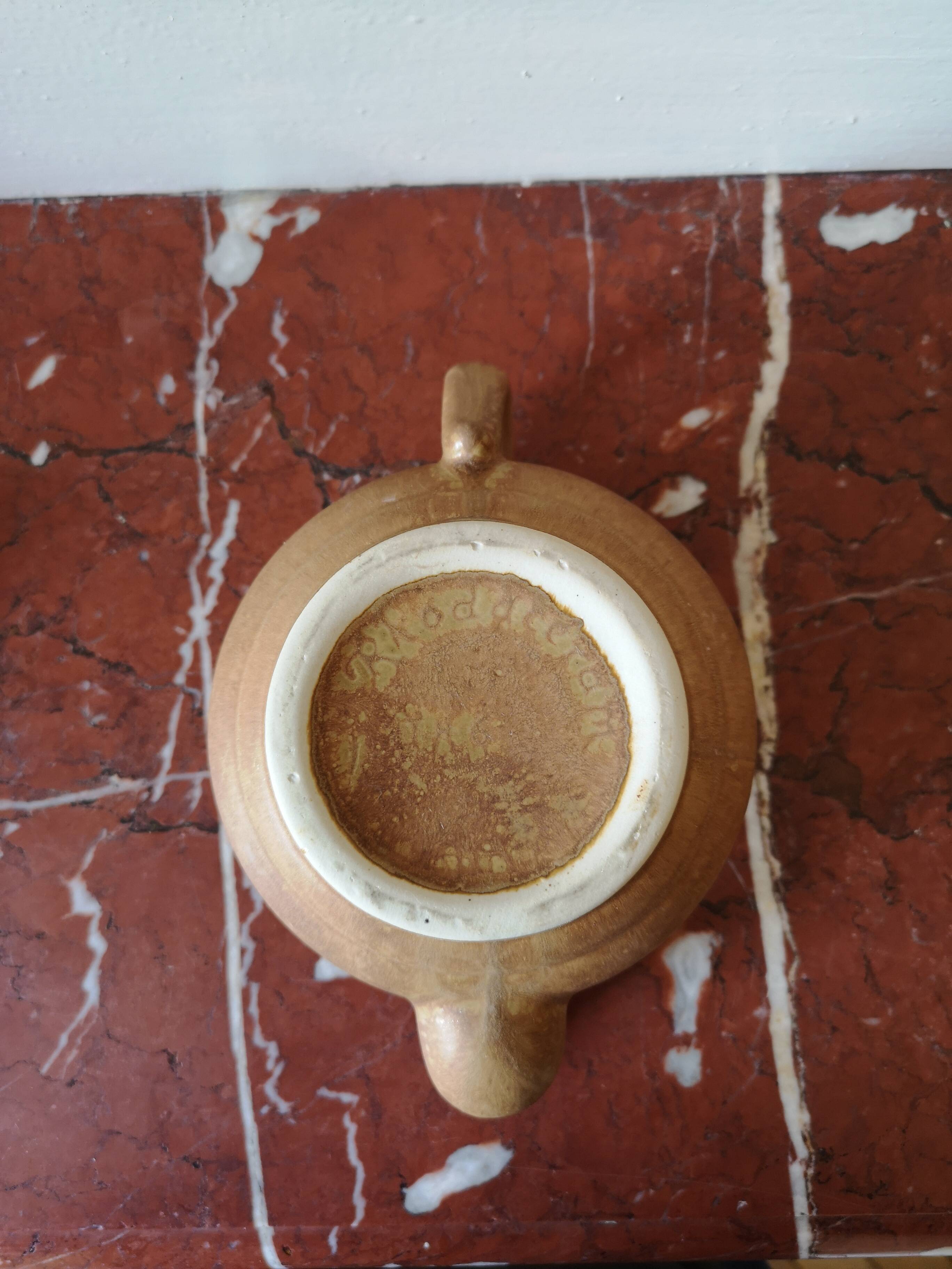 Vintage stoneware teapot and cup, "selfish" tea service, signed