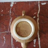 Vintage stoneware teapot and cup, "selfish" tea service, signed