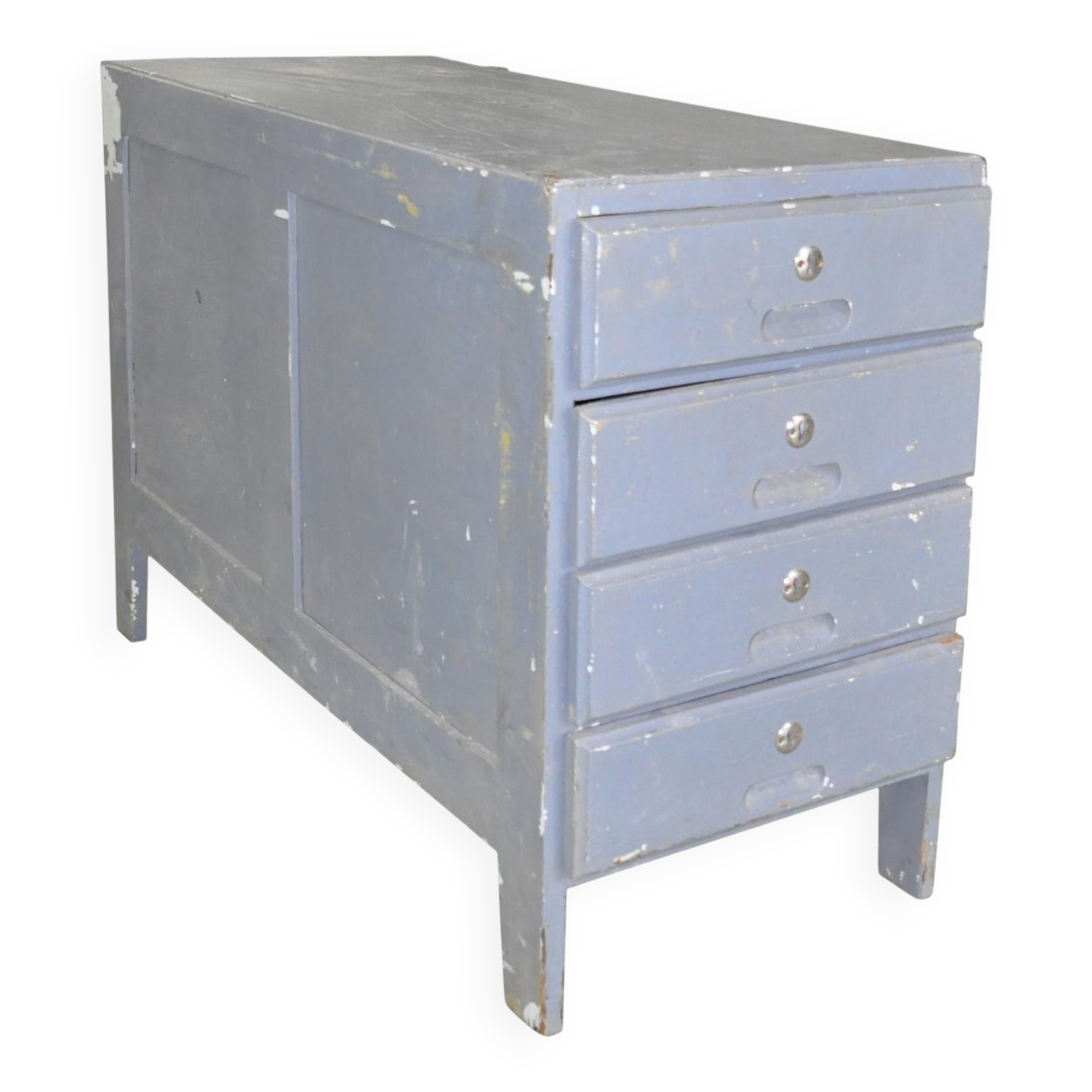 Commode vintage grise en pin peint, années 1950, style industriel, 4 tiroirs