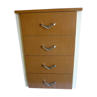 Vintage chest of drawers in beige and brown formica with 4 deep drawers