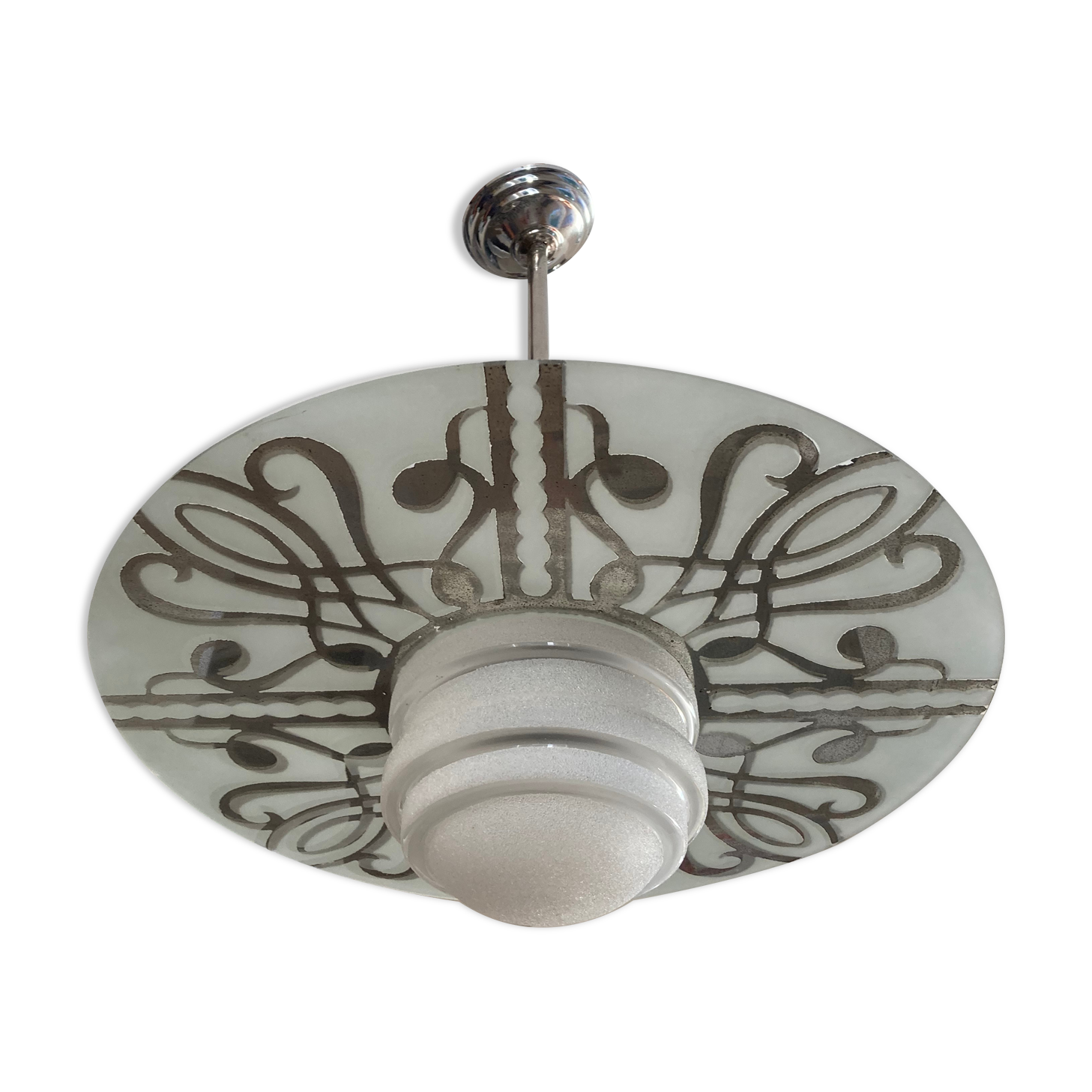 Art Deco pendant lamp in frosted glass and floral disc