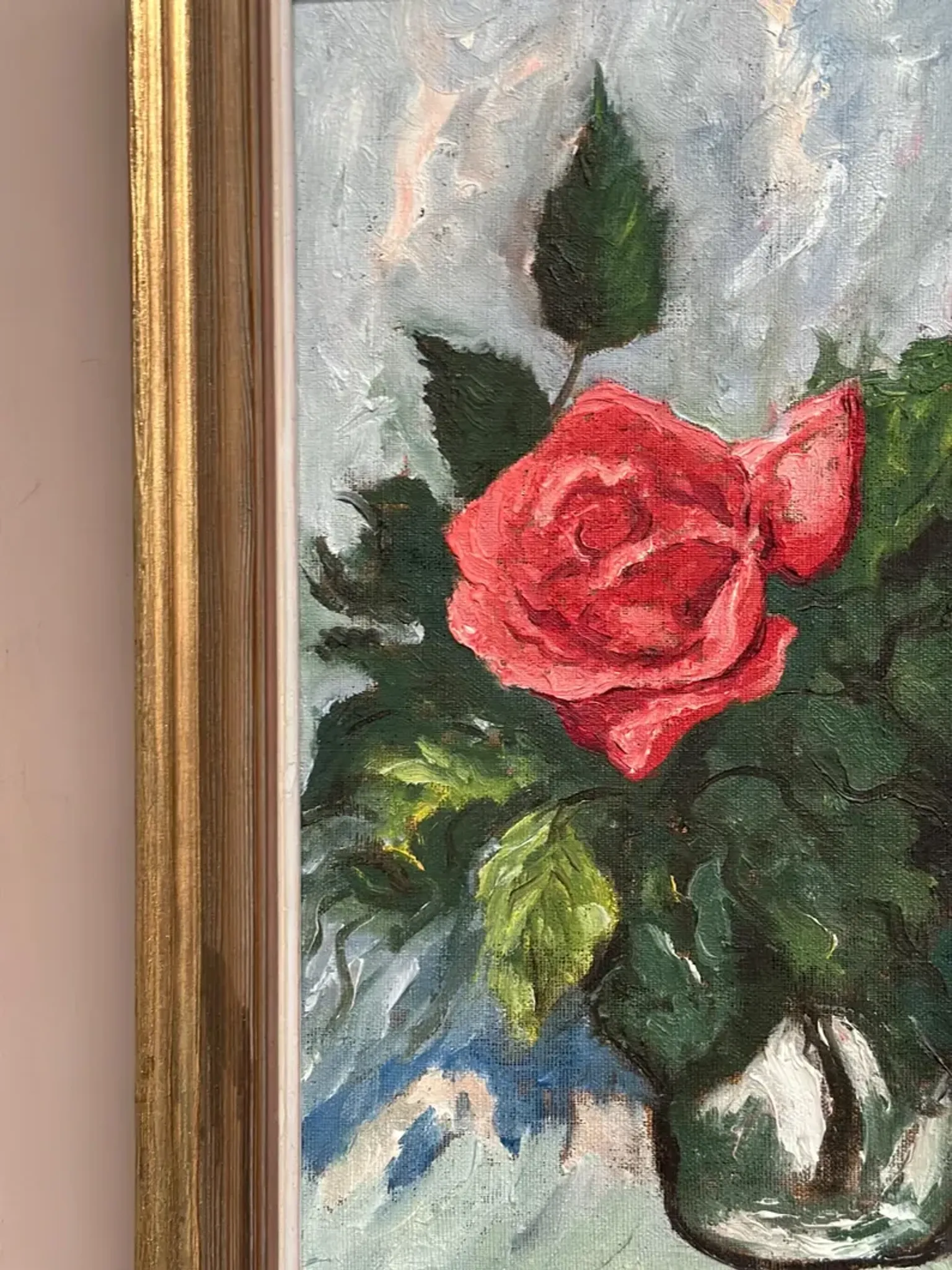 Original Swedish Oil on Canvas– “Still Life with Pink Rose” by Jacques Lalande – Vintage & Framed – 36 × 45 cm (14.1" × 17.7")