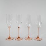 Set of 4 champagne flutes with pink feet, 1970
