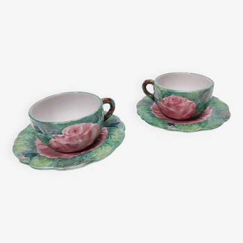 Paire de tasses à thé/café vintage en faïence à motifs floraux par Zaccagnini