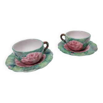 Paire de tasses à thé/café vintage en faïence à motifs floraux par Zaccagnini